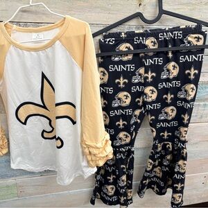 New Orleans Saints Fleur-de-Lis Raglan Top & Logo Flare Pants Set - Black & Gold